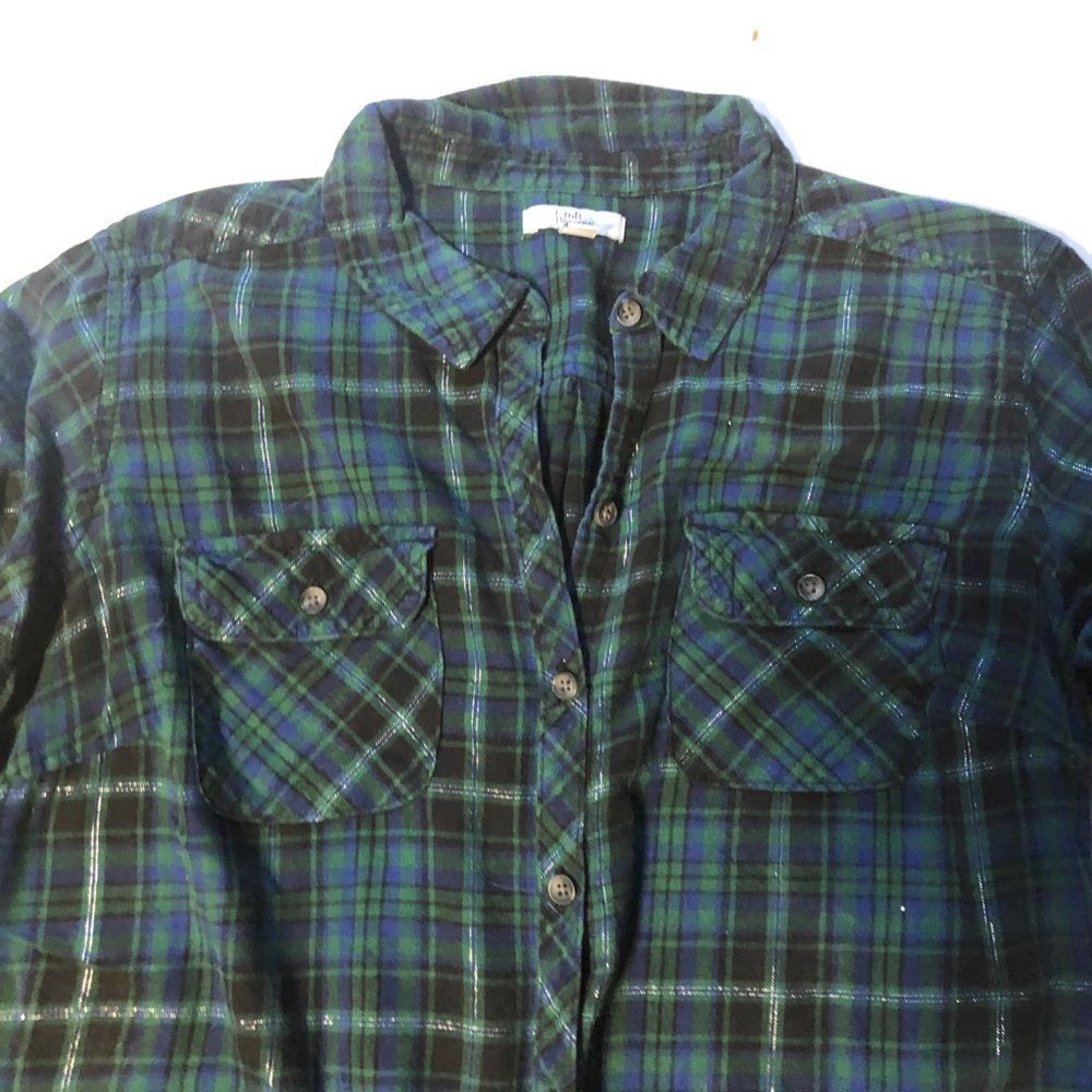 Croft and barrow button up plaid shirt soft blue green black with silver threads
